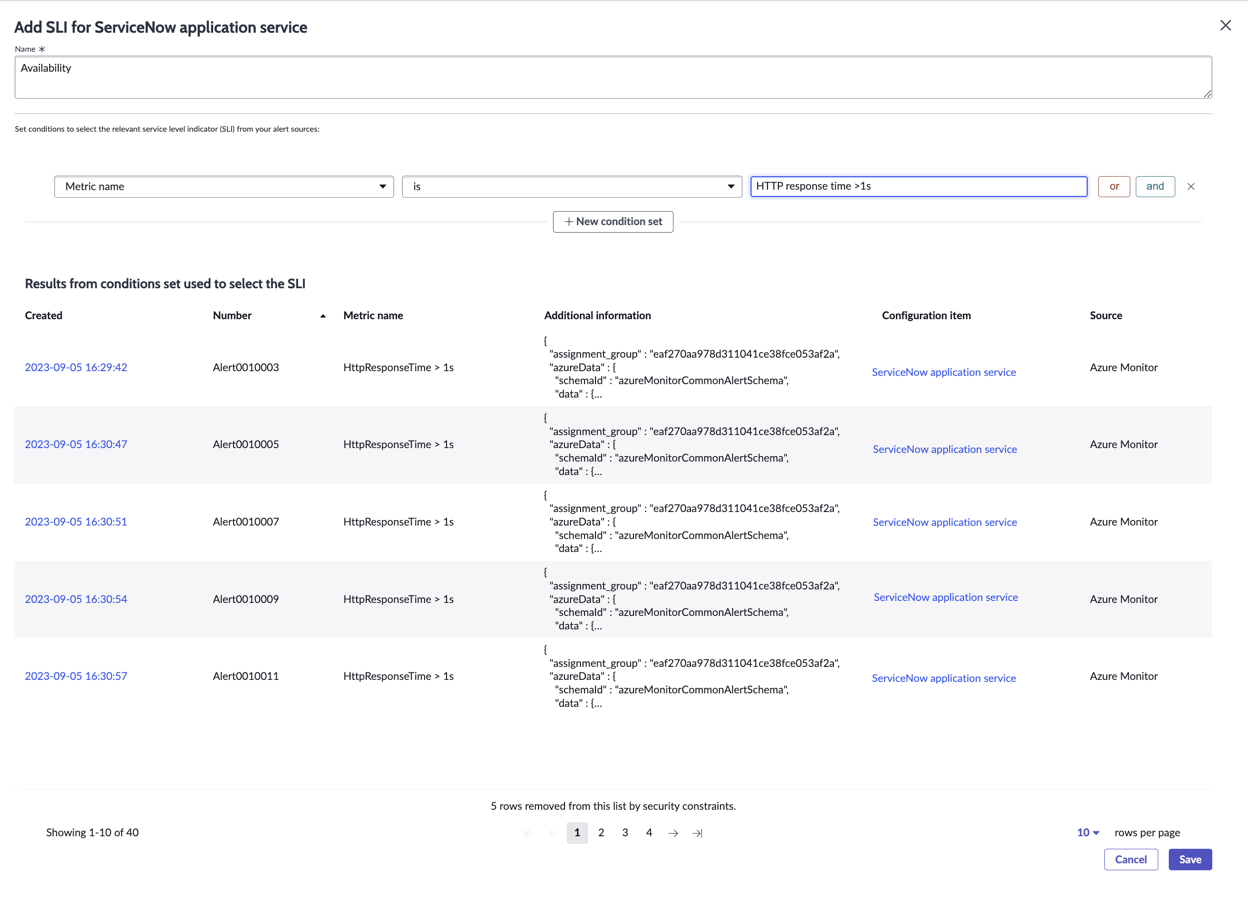 Sample SLI named Availability has several results from conditions set used to select the SLI.