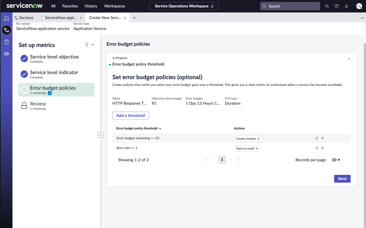 Error budget policies panel shows multiple existing policies and an option to add more.