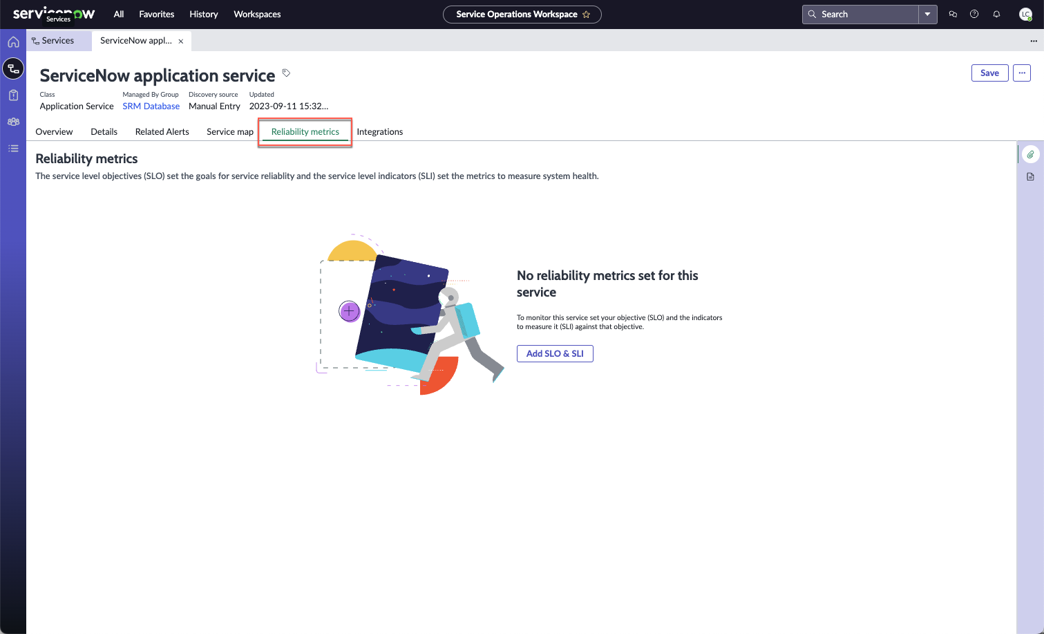 Box highlights the Reliability metrics tab for an application service.