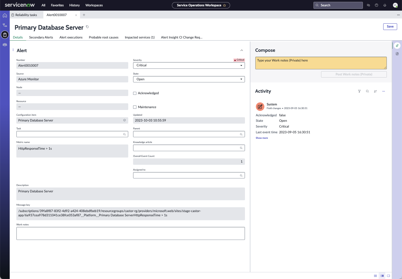 Details tab for the primary database server alert includes information about its severity, state, last-updated date, and metric name.