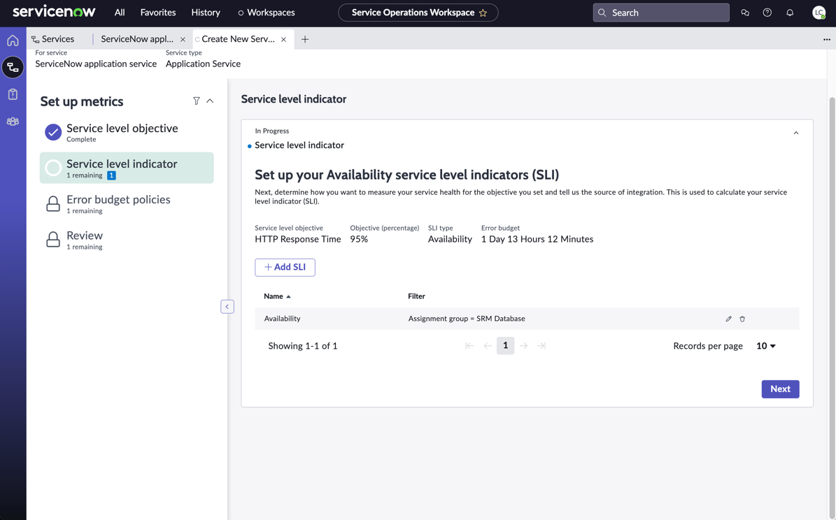 Sample SLI for the HTTP response time SLO.