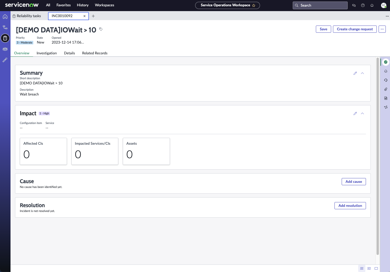 Sample overview tab for an SRM incident.