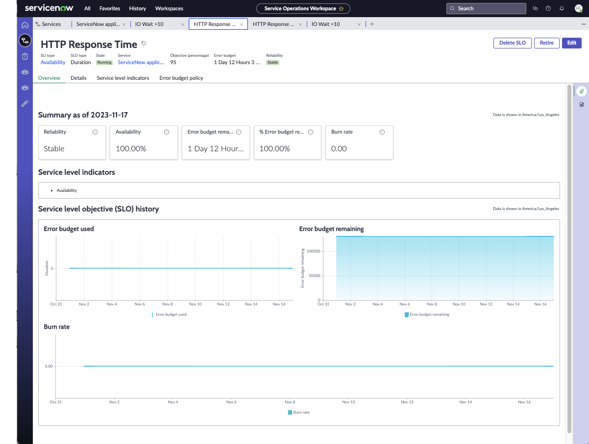Sample SLO for HTTP response time shows summary metrics and its history.