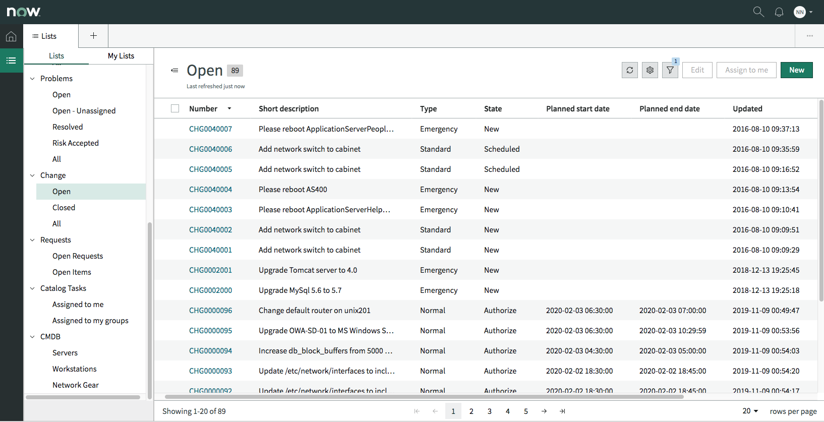 ITSM Mitarbeiterbereich - Change-Liste