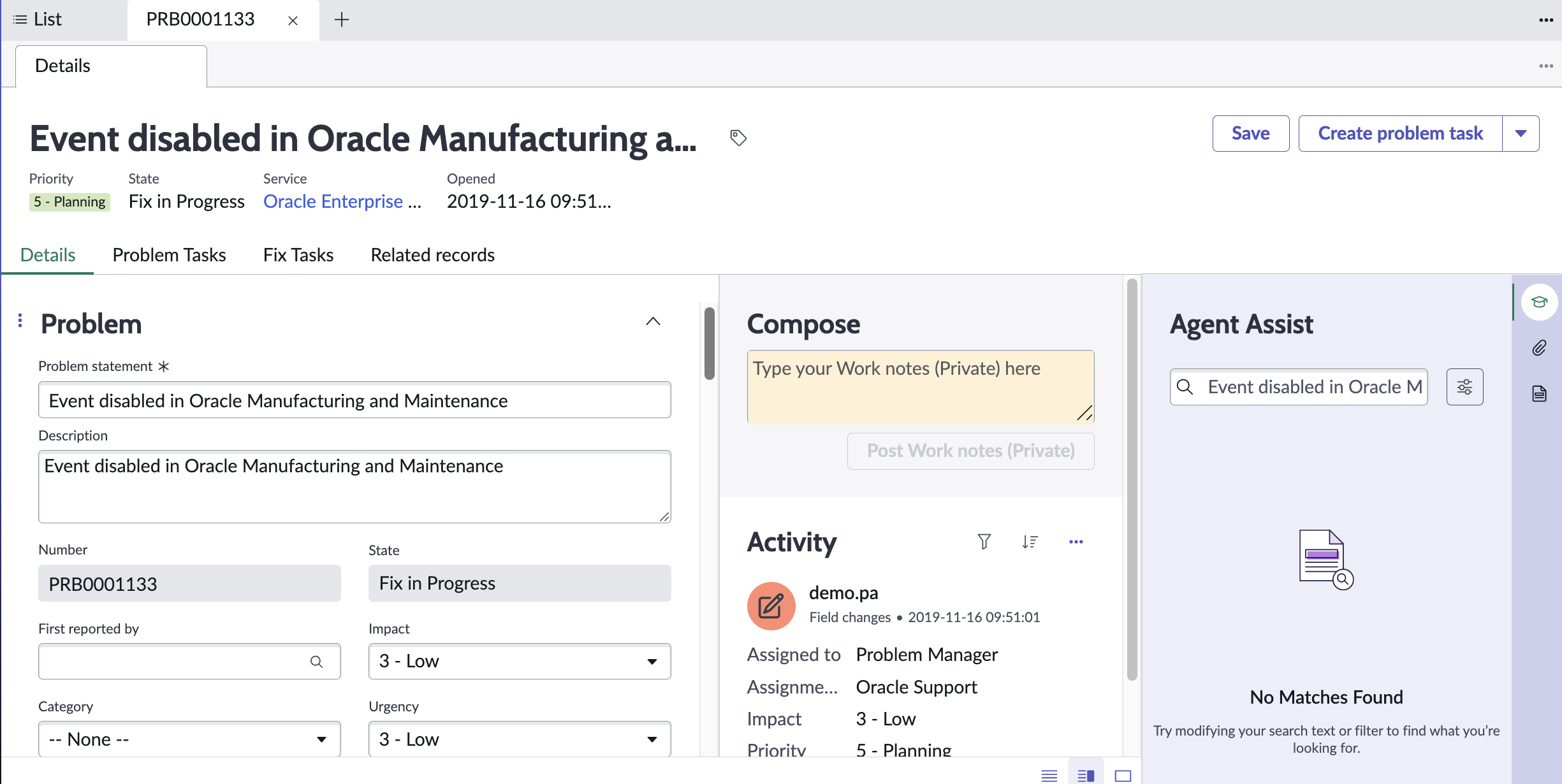 Problemdatensatz in Service Operations Workspace