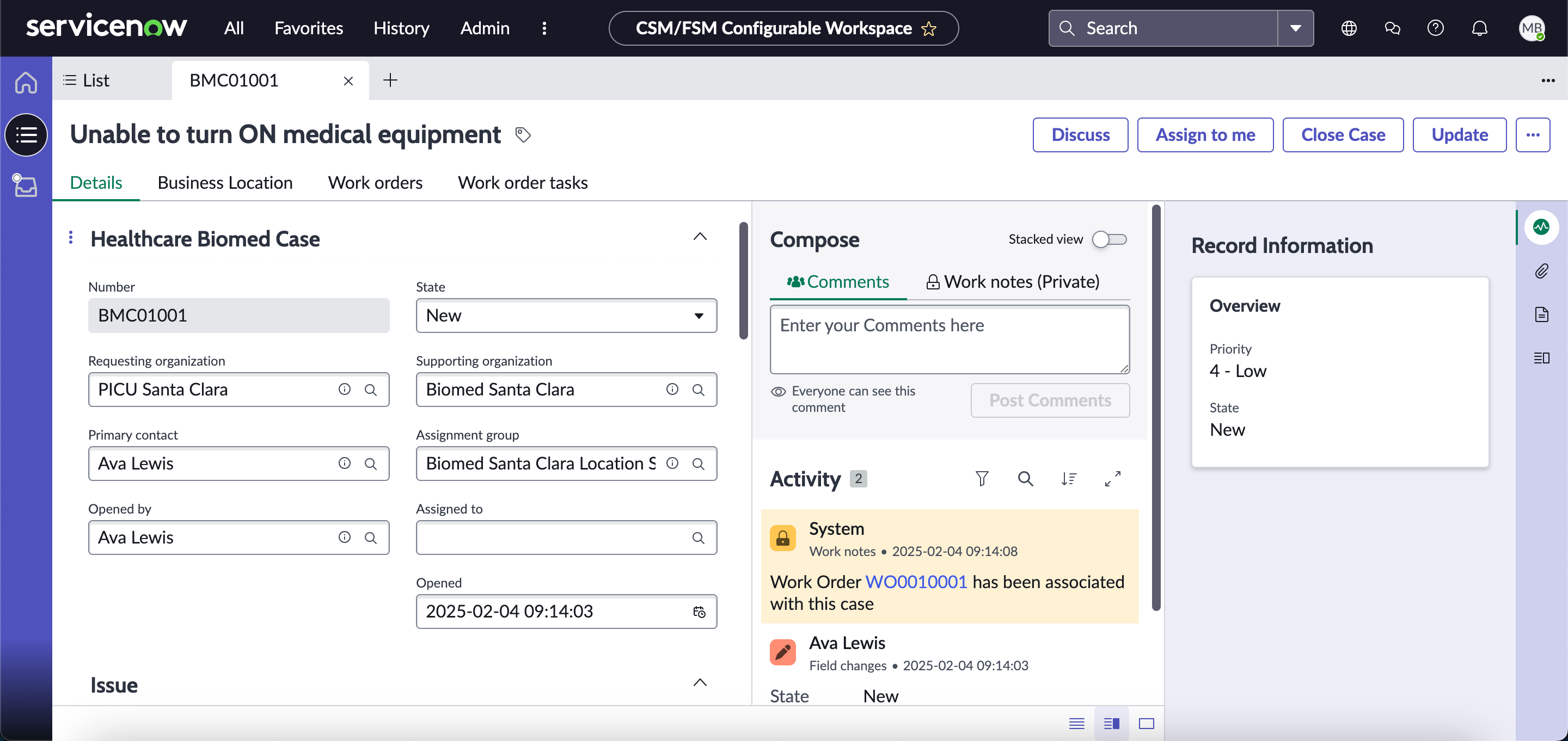 A healthcare biomed case created for Care Team Operations for Biomed.