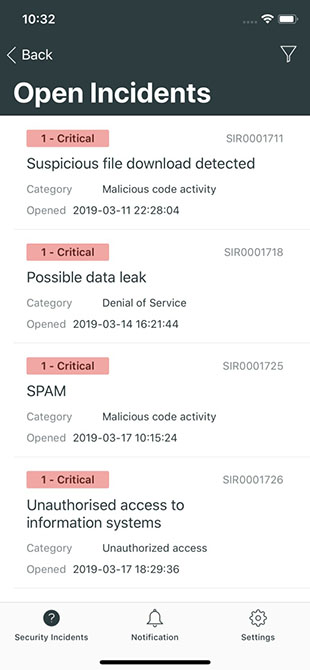 Lista de incidentes em aberto.