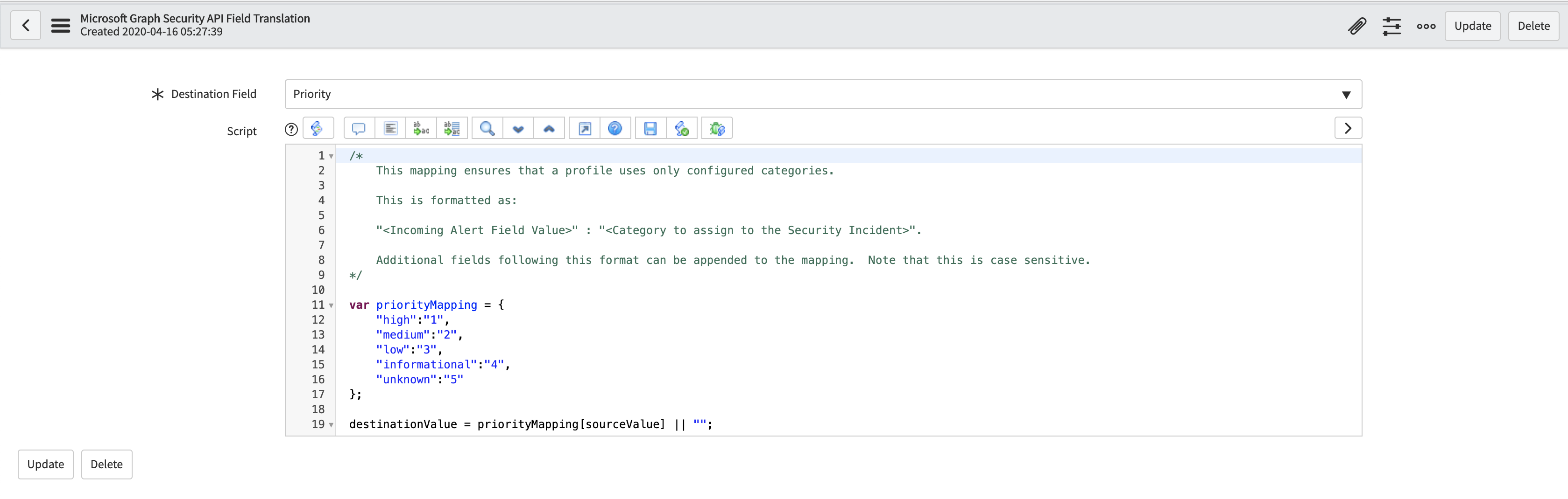 Tradução de campo da API de segurança do Microsoft Graph