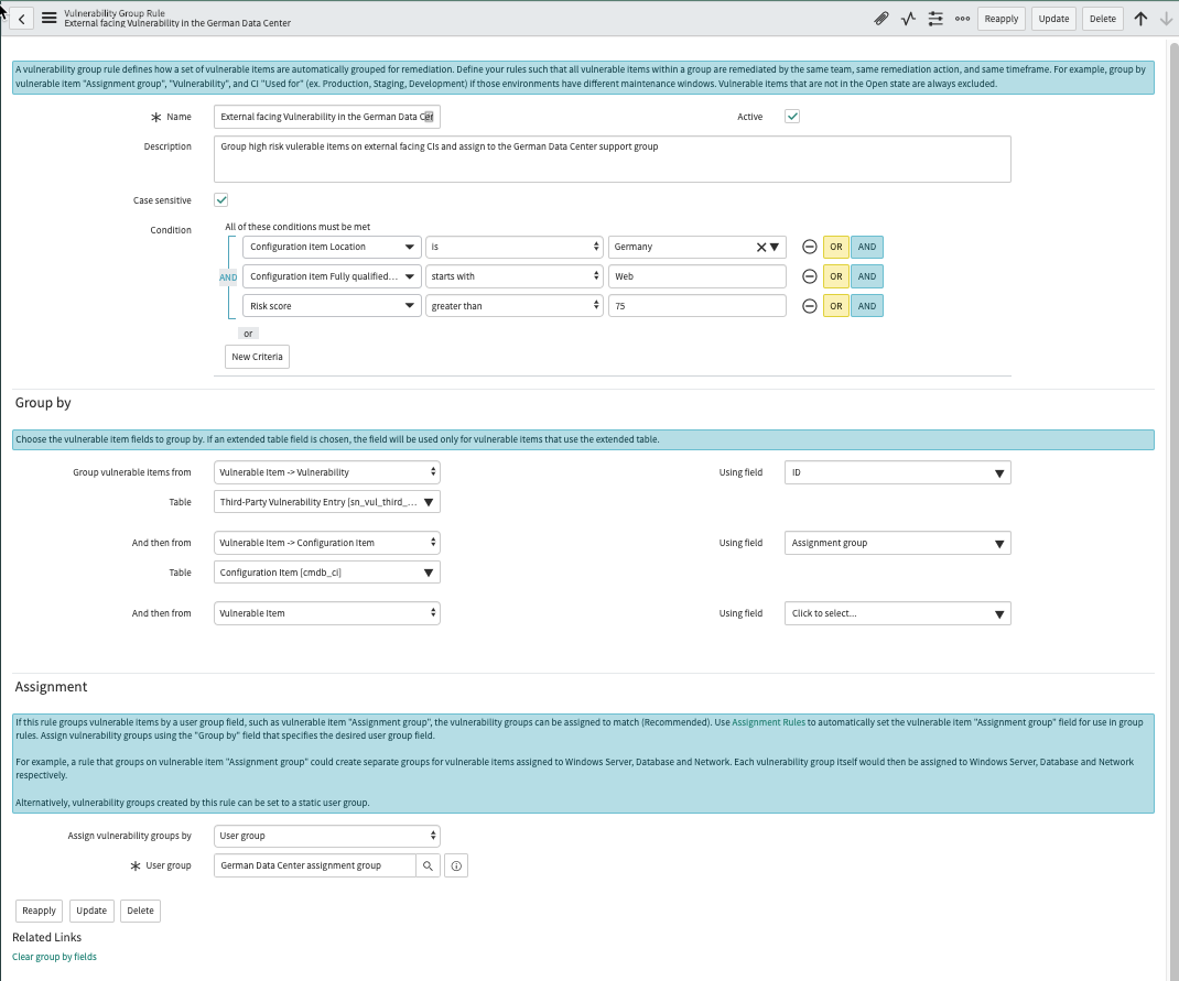 Agrupar por vulnerabilidades de alto risco e ICs externos em um datacenter alemão