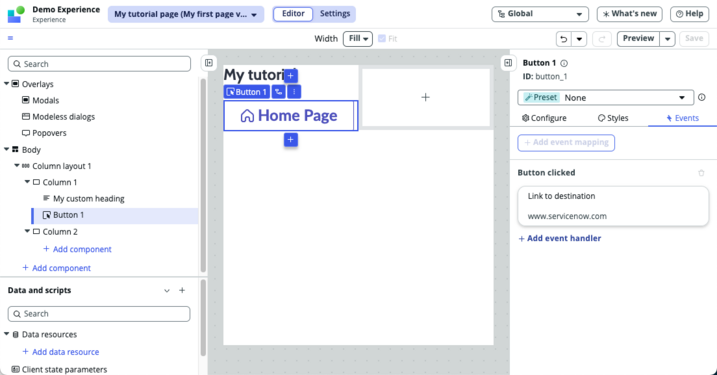 見出しとボタンが構成された UI Builder ページ。