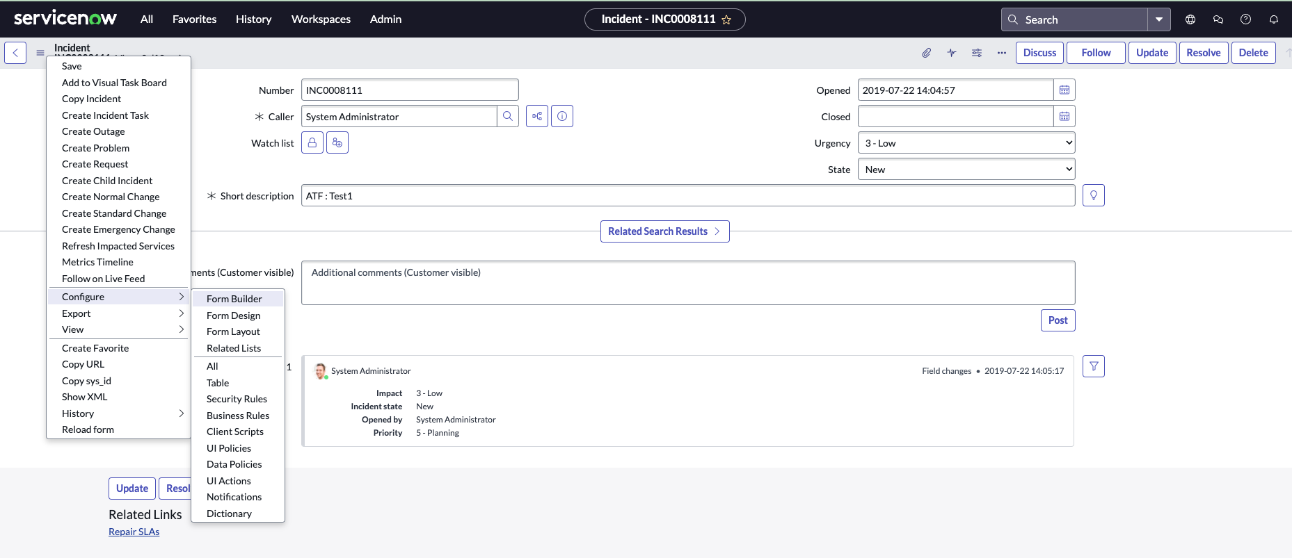 フォームのフォームコンテキストメニューを使用した、Form Builder アプリケーションの場所の吹き出し。