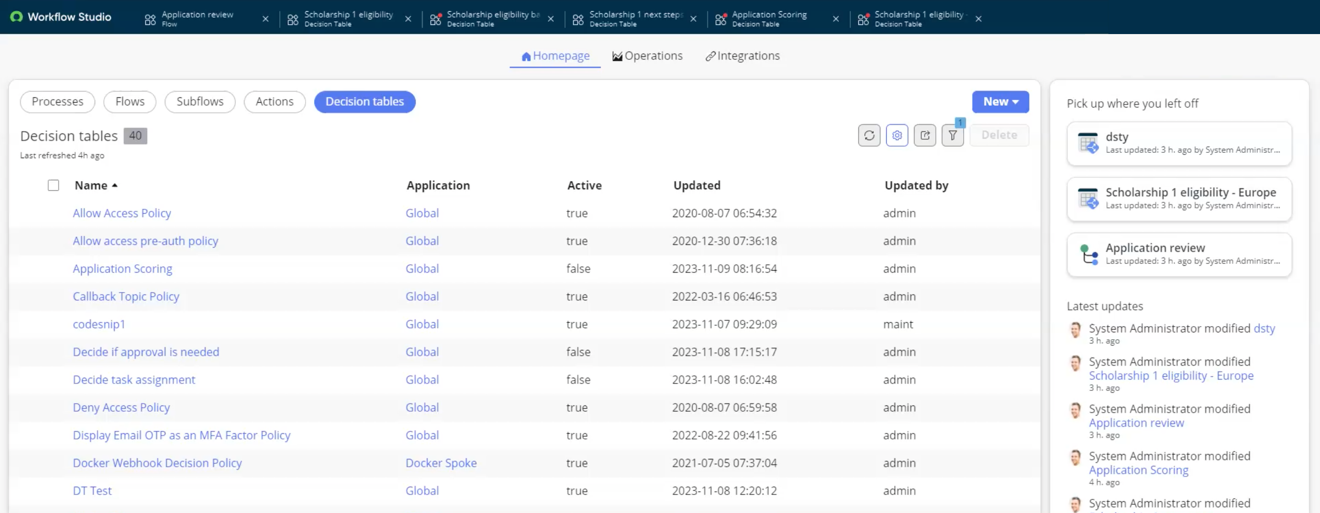 Workflow Studio の意思決定テーブルセクション