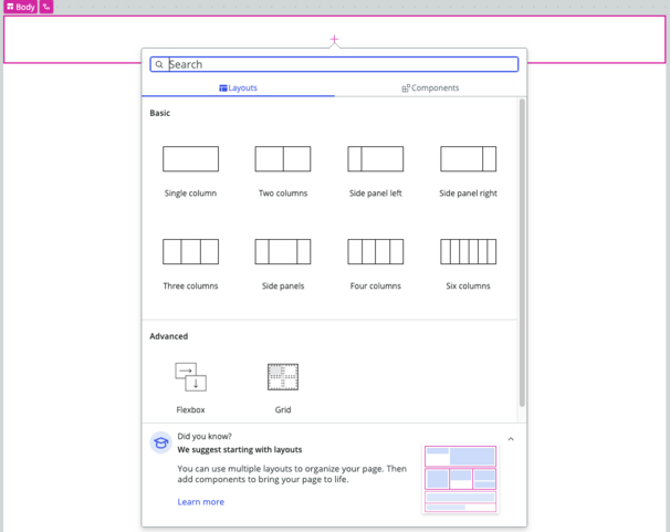 基本レイアウトオプションと詳細レイアウトオプションを示す UI Builder ツールボックス。