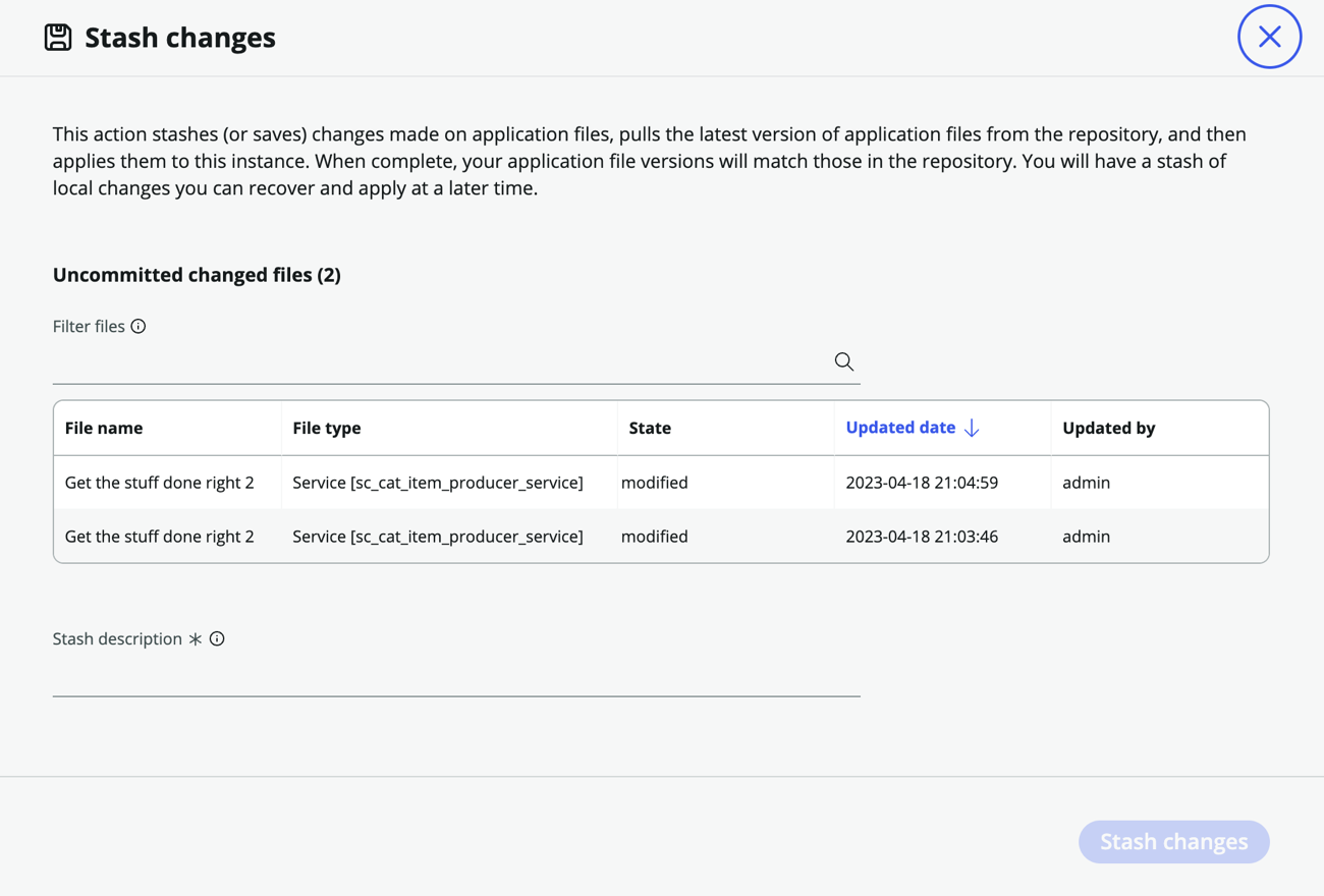 [スタッシュの変更] ダイアログ