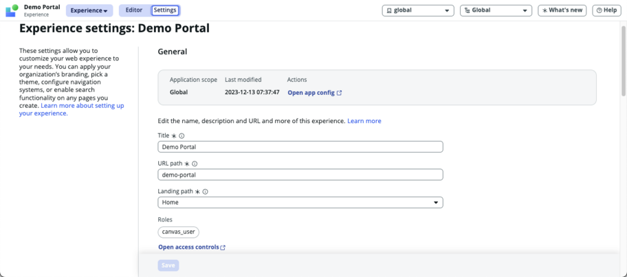 タイトル、URL パス、ランディングパスのフィールドがある UI Builder エクスペリエンスの一般的な設定。