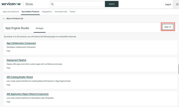 ServiceNow Store App Engine Studioボタン