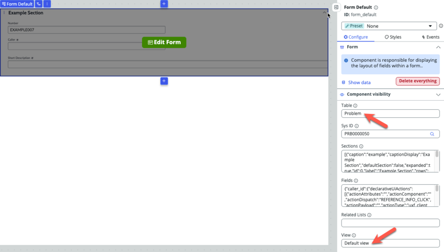 UI Builder アプリケーション内で Form Builder を開くための [フォームを編集] ボタンを表示する UI。吹き出しは、設定する必要があるテーブルとビューの値を示します。