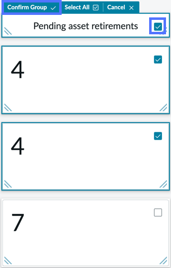 Shows check boxes to select to group three dashboard elements