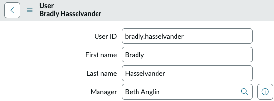 Bradly Hasselvander's user record showing Beth Anglin as manager.