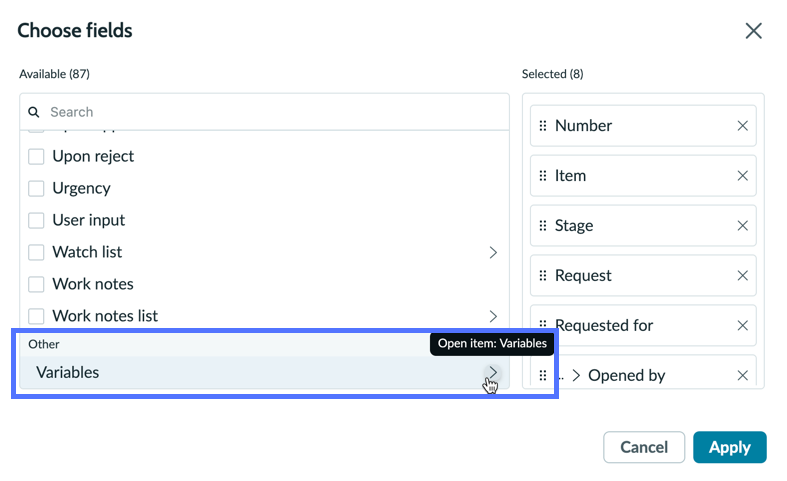 The Choose fields dialog with Variables option highlighted and the pointer on the the Open item: Variables arrow.