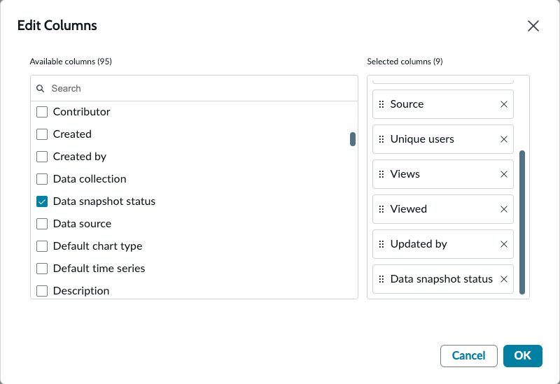 Adding the Data snapshots status column to the Indicator library.
