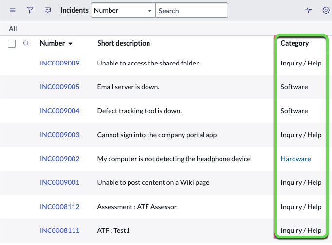 Category fields of Incident records. Field values match the Label field on the Choices table, to which the Category field is mapped.