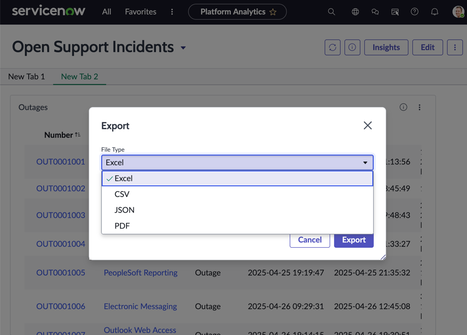 Export file type options