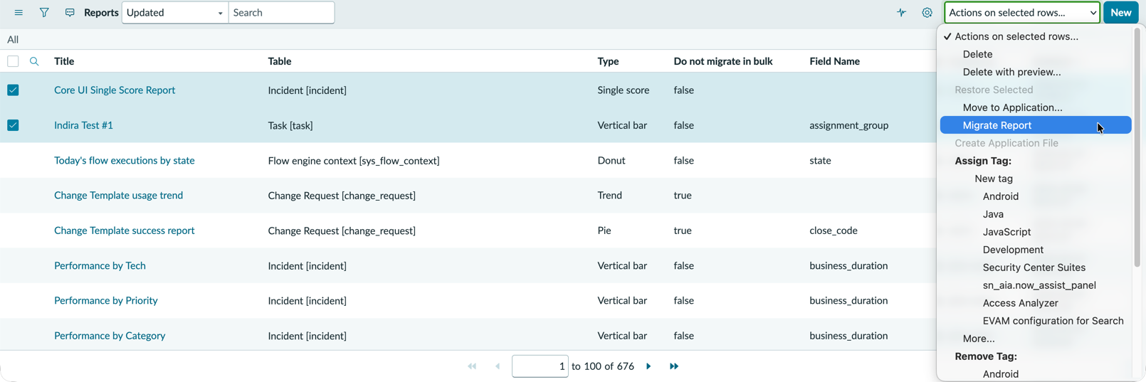 Dashboard list with three dashboards highlighted as well as the Migrate Dashboard link on the Actions on selected rows menu