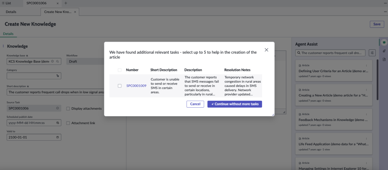 Select up to five additional relevant cases in the new modal to generate the article.