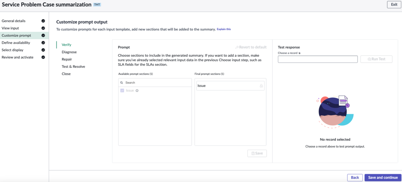 Selection of new sections that can be included in the summary for each input template.