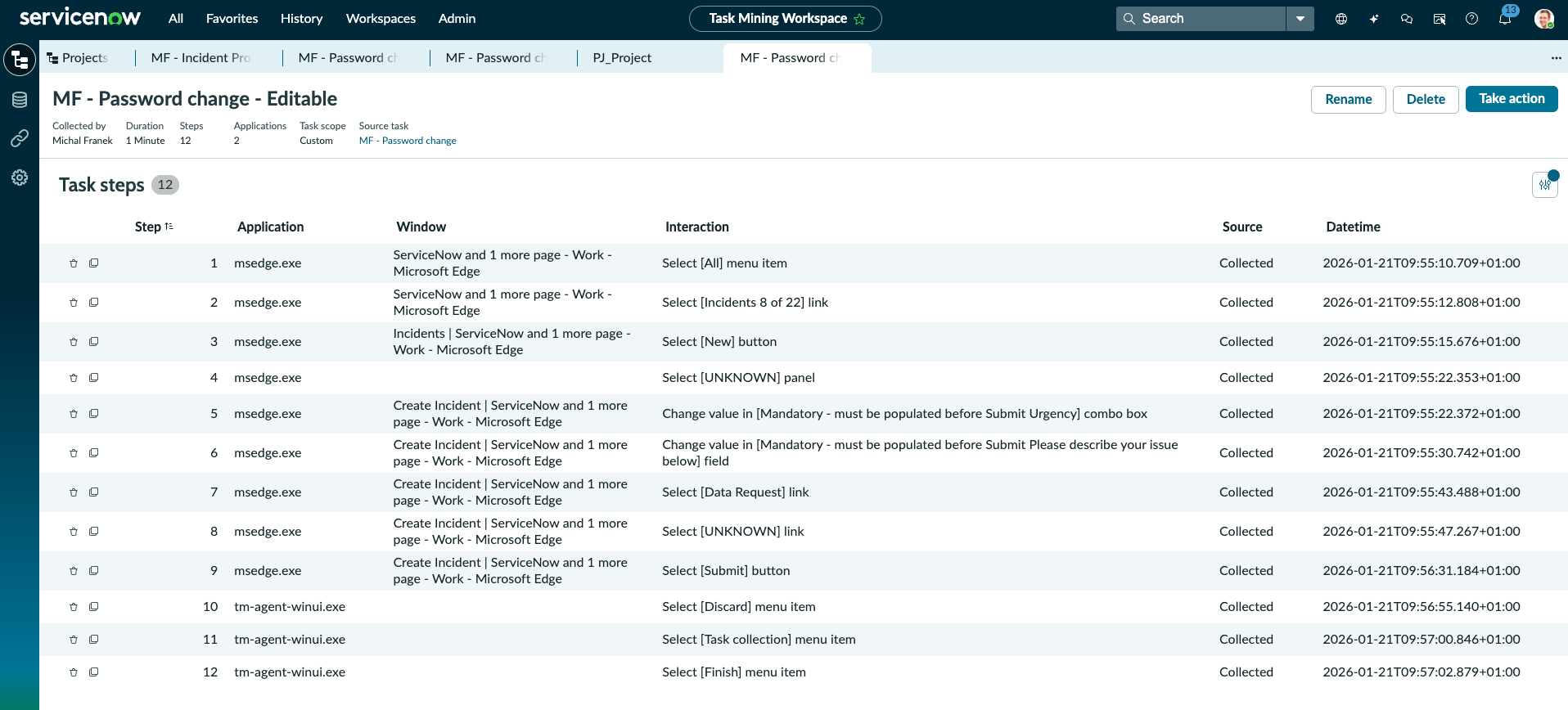 Screenshot showing the editable task steps view.