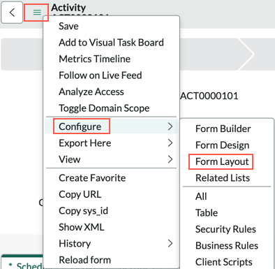 Configure form layout menu path
