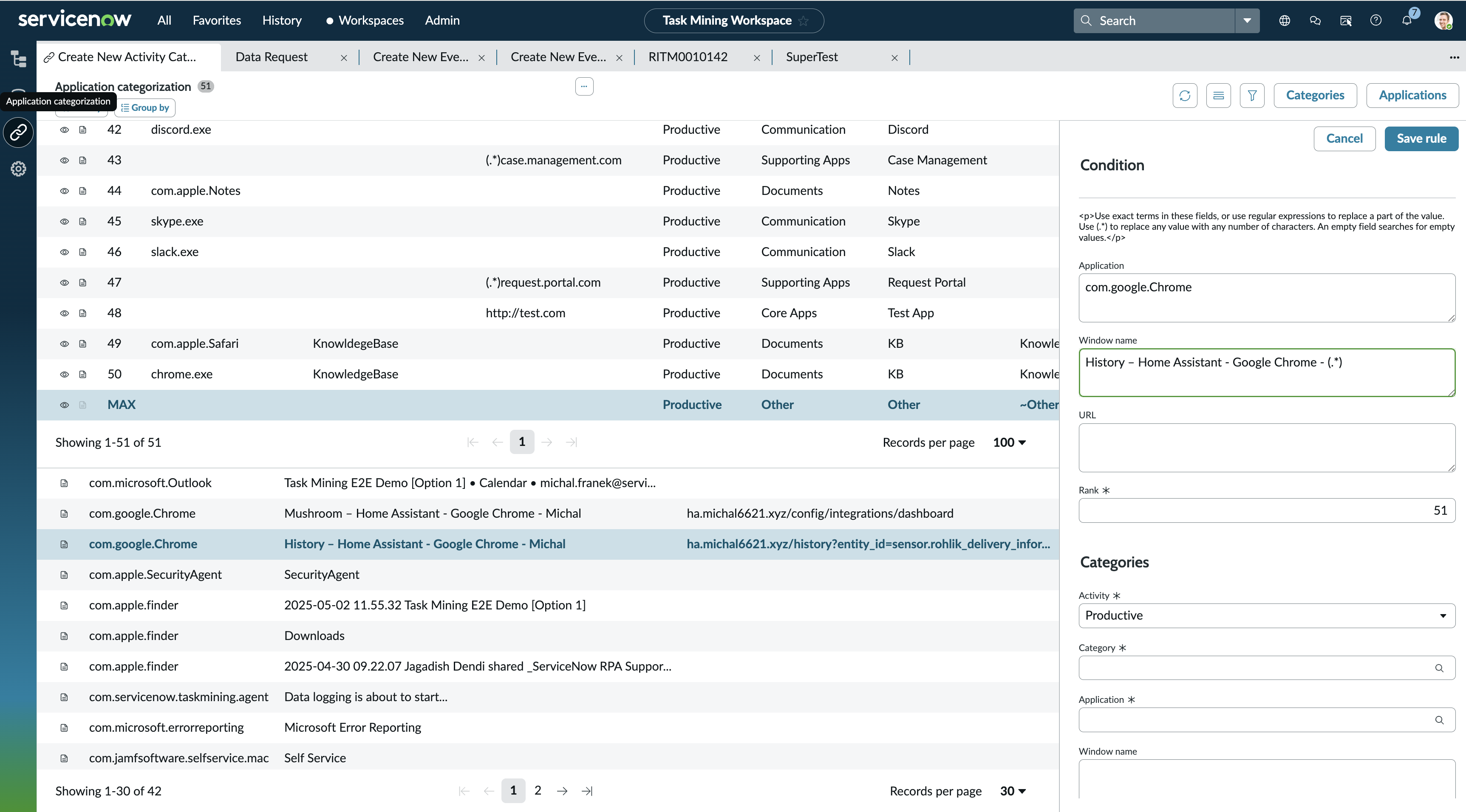 Screenshot showing the Application categorization page in Task Mining.