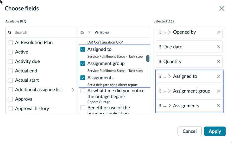The Choose fields dialogue with three variables checked that are also highlighted in the Selected column.