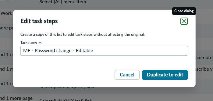 Screenshot showing the edit task steps dialog.