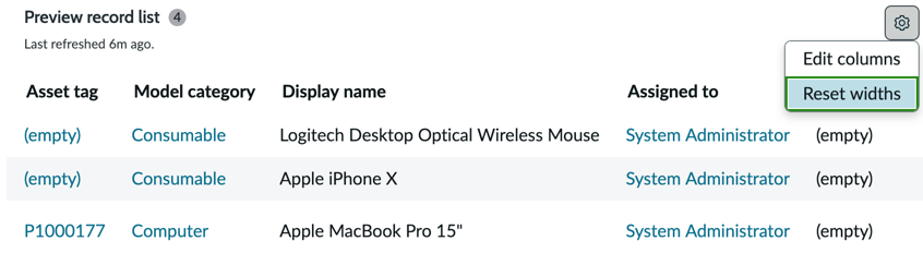 Preview record list for table source data visualization with list actions shown.