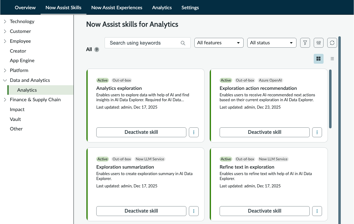 Now Assist Skills tab of Now Assist Admin console, showing the skills for AI Data Explorer under Analytics.