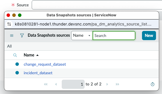 Data snapshots list for the Sources field on the Data snapshots Indicator form, showing New button.