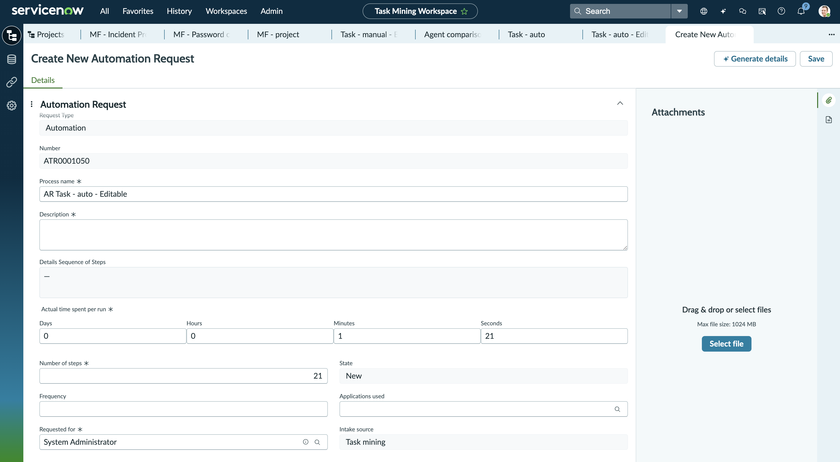 Screenshot showing the New Automation Request form.