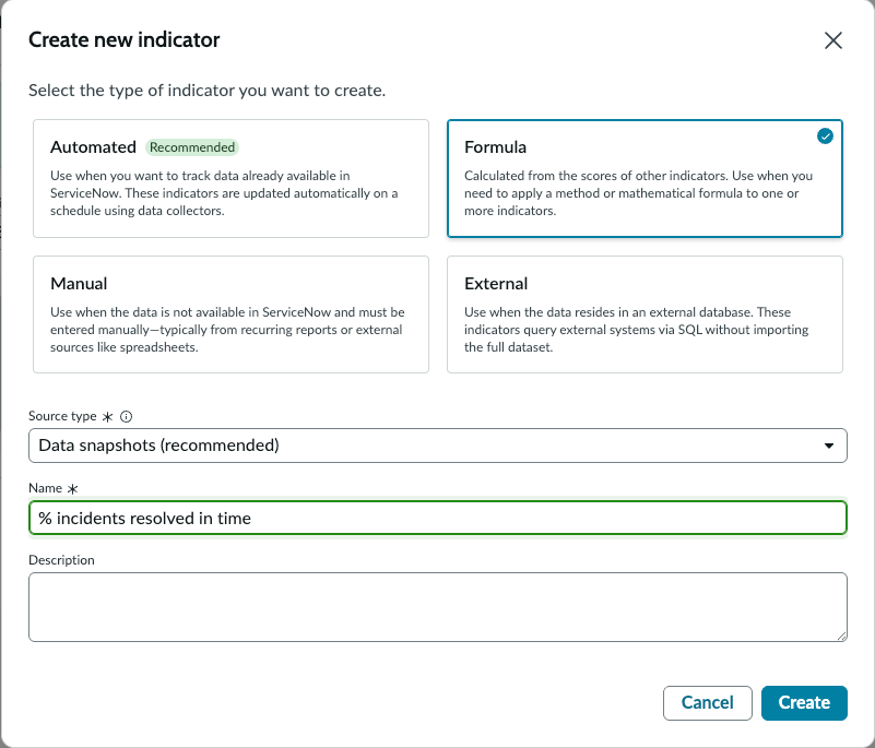 Create new indicator page opened from indicator library.