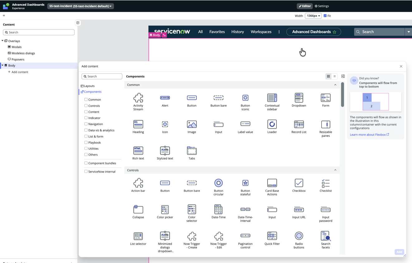 Component menu in UI Builder.