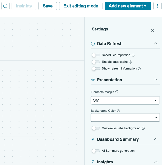 Dashboard settings panel.