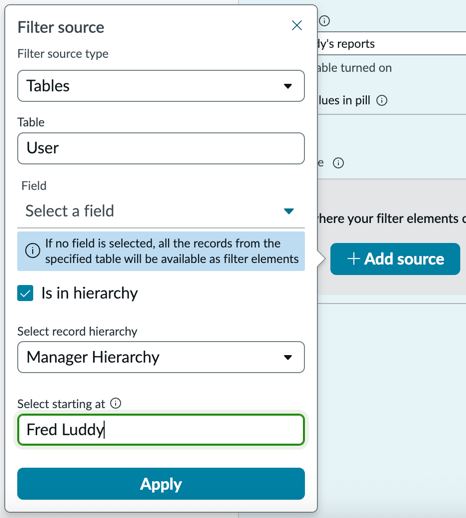 Filter source configuration pane showing filter hierarchy fields.