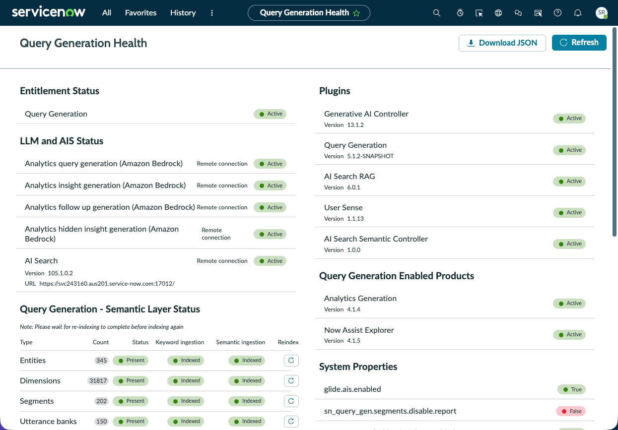 Health page showing Query Generation dependencies.