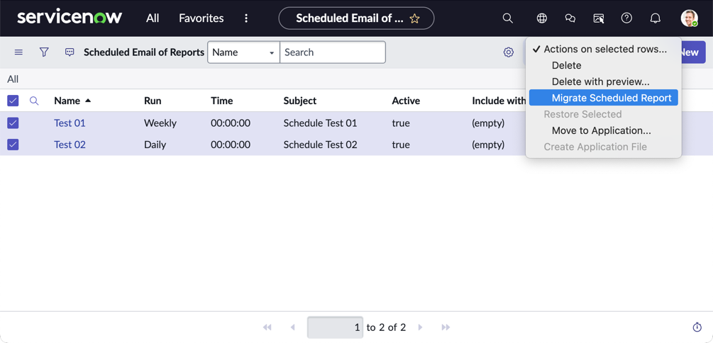 Scheduled report list with two reports highlighted as well as the Migrate Scheduled Report link on the Actions on selected rows menu