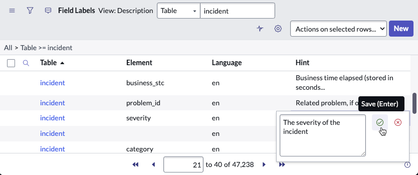 A description being added to the severity element on the incident table.