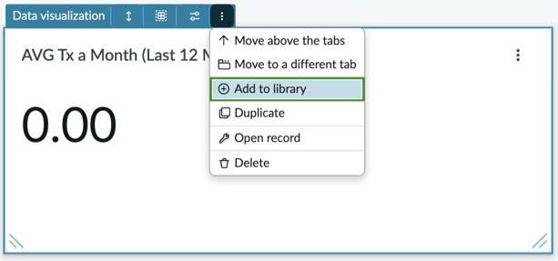 3-dot menu for data visualization with Add to library highlighted.