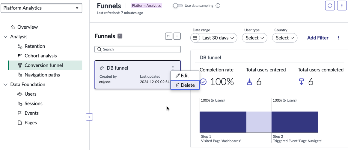 Conversion funnel module with Actions menu and Delete option highlighted