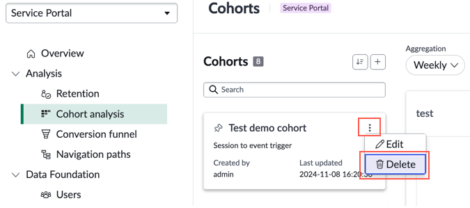 Cohort analysis module with Actions menu and delete option highlighted