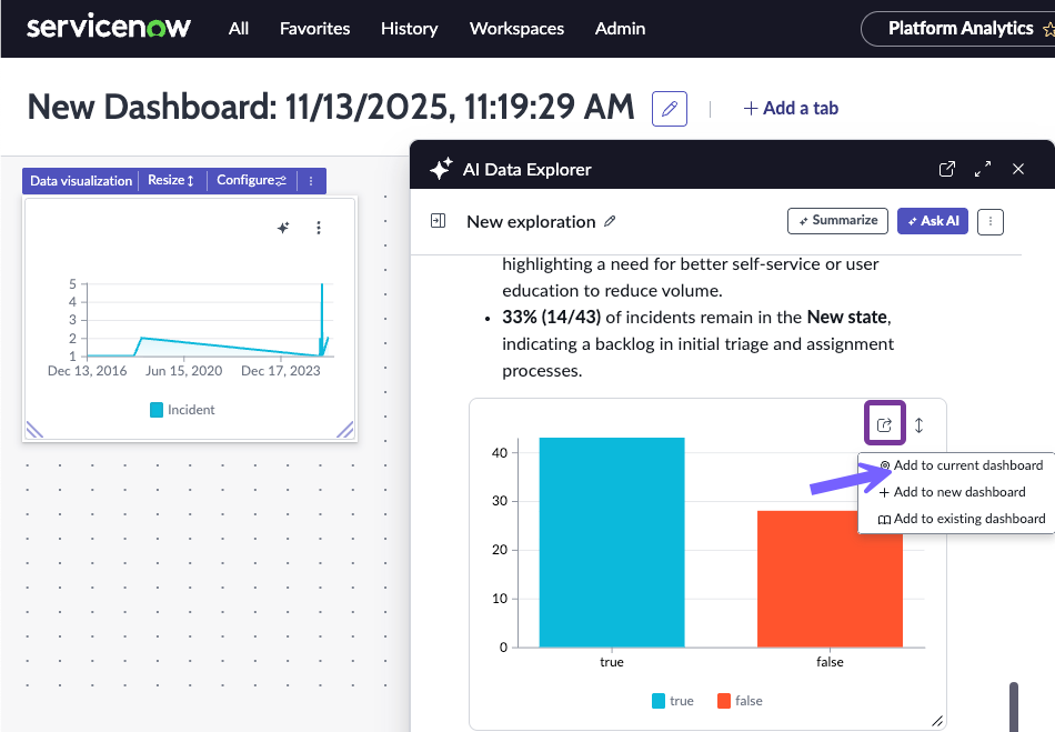 Add to dashboard options from a modal on top of a dashboard.